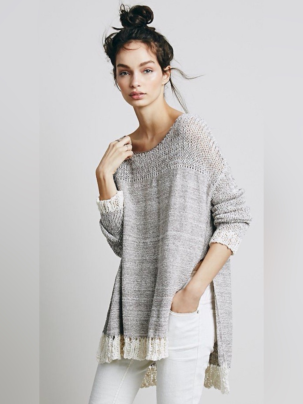 Free People Haiku Pullover Sweater Oversized Chunky Knit Textured Hem Size Large